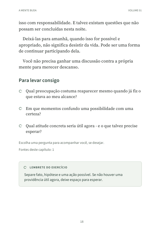 Página 18: perguntas para levar consigo e um quadro de lembrete do exercício.